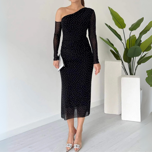 Black One Shoulder Mesh Long Sleeve Midi Dress With White Dots - WOOLX