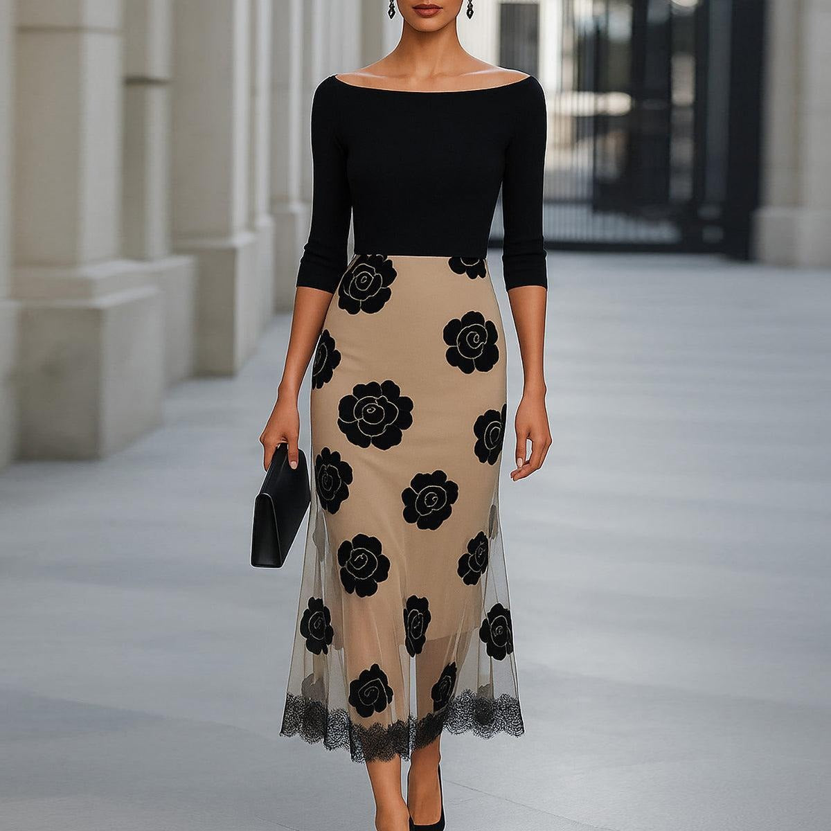 Groovy Black Boat Neck Midi Dress