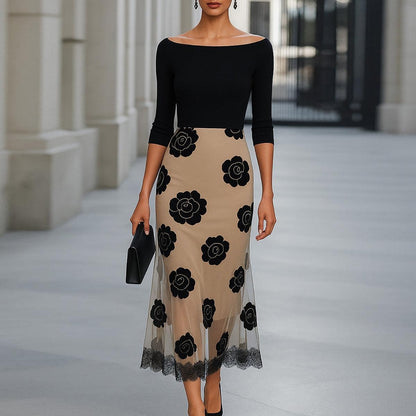 Groovy Black Boat Neck Midi Dress