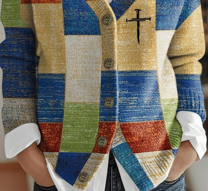 Stylish V-Neck Check Print Outerwear