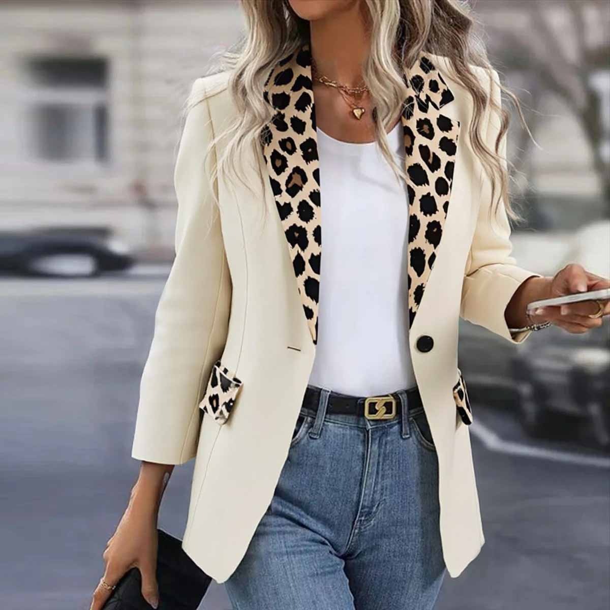 Stylish Leopard Print Long Sleeve Lapel Blazer