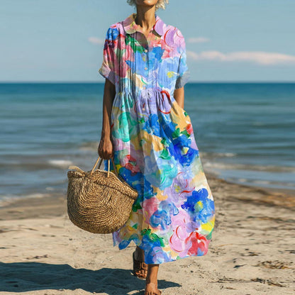 Dreamy Blue Collared Short Sleeve Maxi Dress