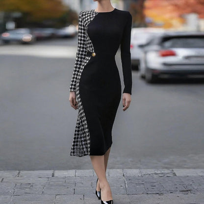Trendy Houndstooth Print Midi Dress