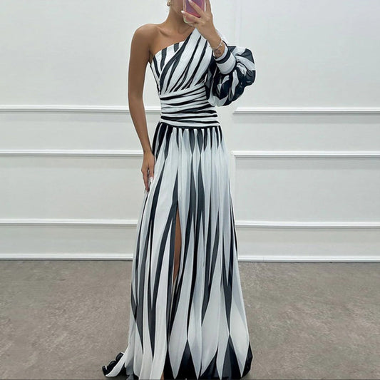 Classy One Shoulder Striped Print Maxi Dress