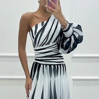 Classy One Shoulder Striped Print Maxi Dress