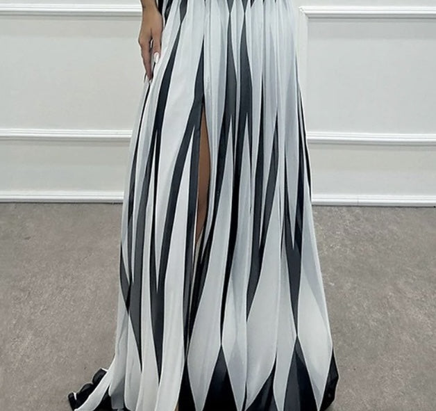 Classy One Shoulder Striped Print Maxi Dress