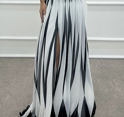 Classy One Shoulder Striped Print Maxi Dress