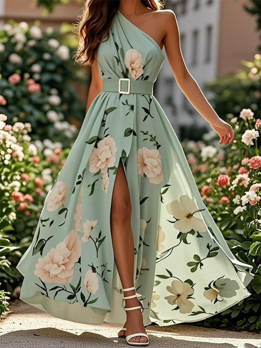 Trendy Floral Print One Shoulder Maxi Dress