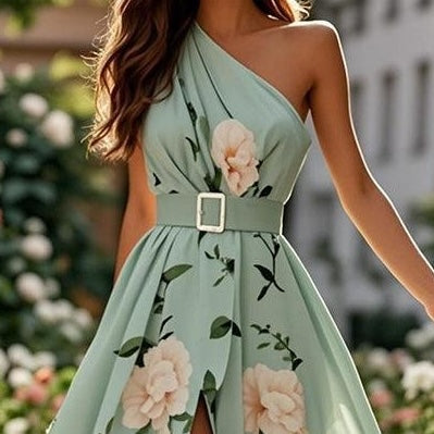 Trendy Floral Print One Shoulder Maxi Dress