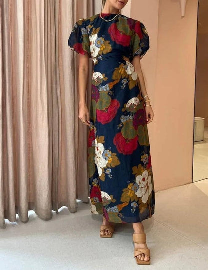 Navy Round Neck Short Sleeve Maxi Dress