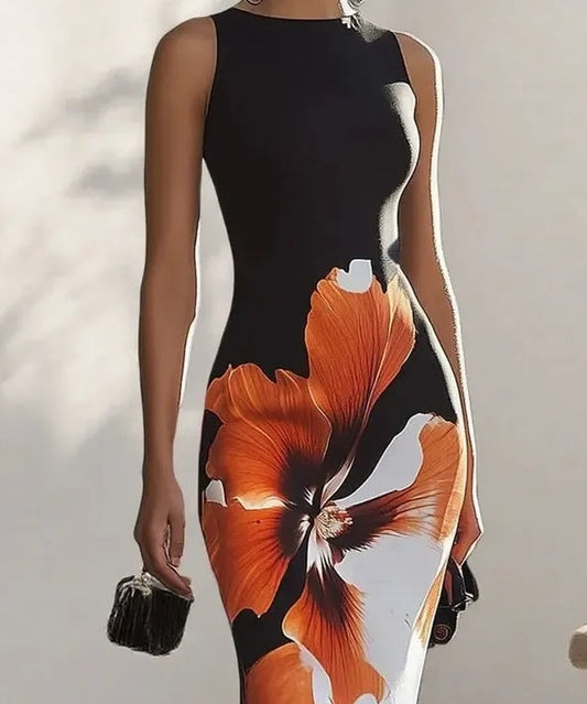 Elegant Round Neck Sleeveless Floral Print Maxi Dress