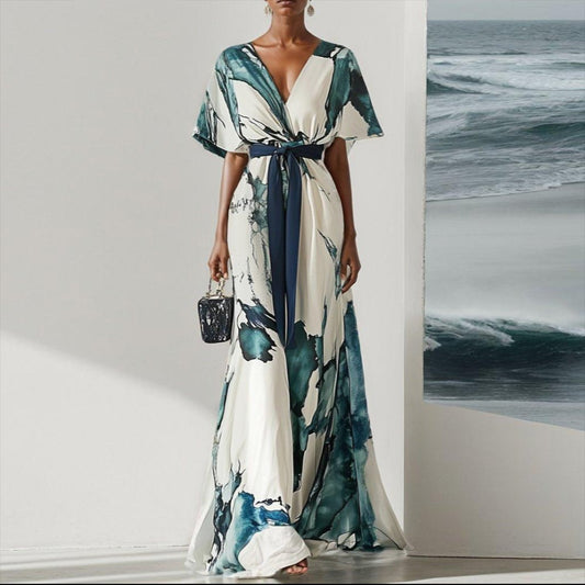 Trendy V-Neck Short Sleeve Maxi Dress