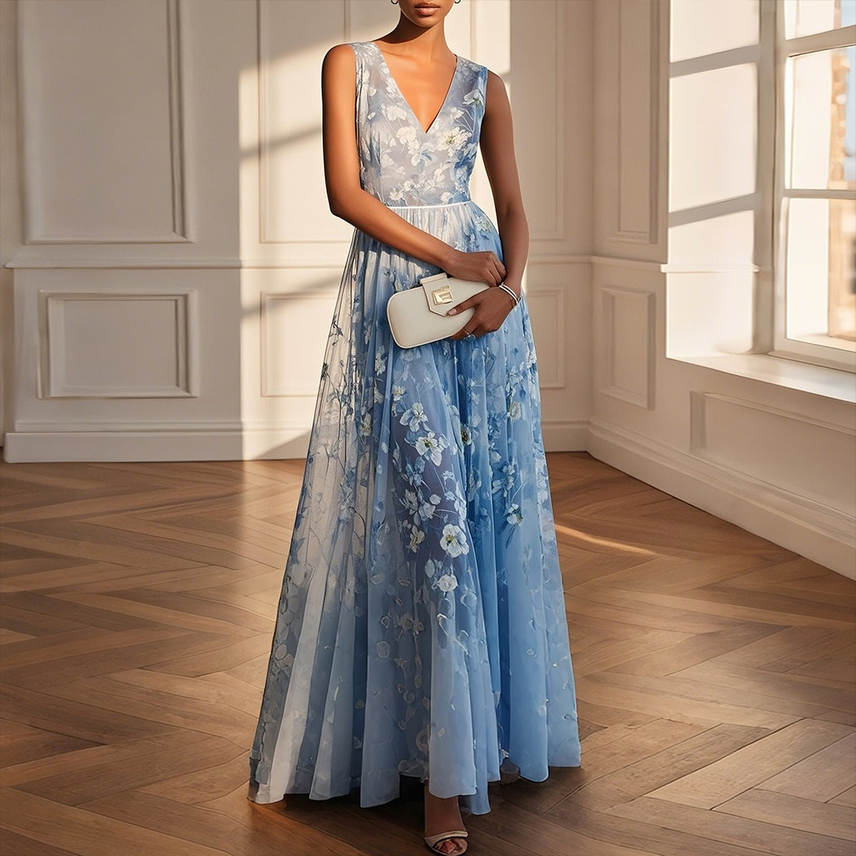 Romantic Blue Sleeveless Maxi Dress