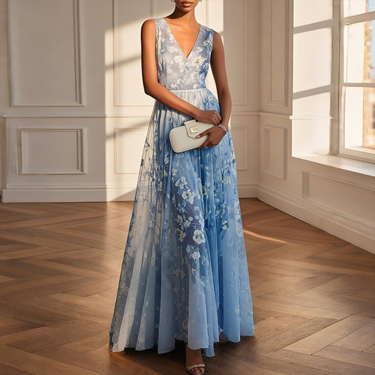 Romantic Blue Sleeveless Maxi Dress
