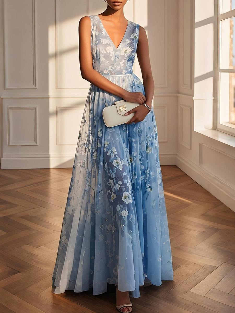 Romantic Blue Sleeveless Maxi Dress