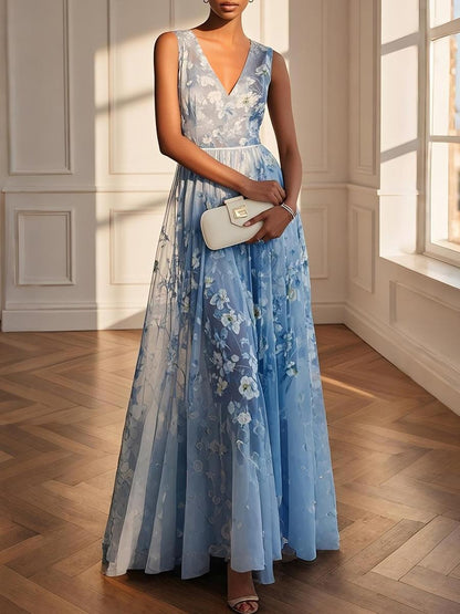 Romantic Blue Sleeveless Maxi Dress