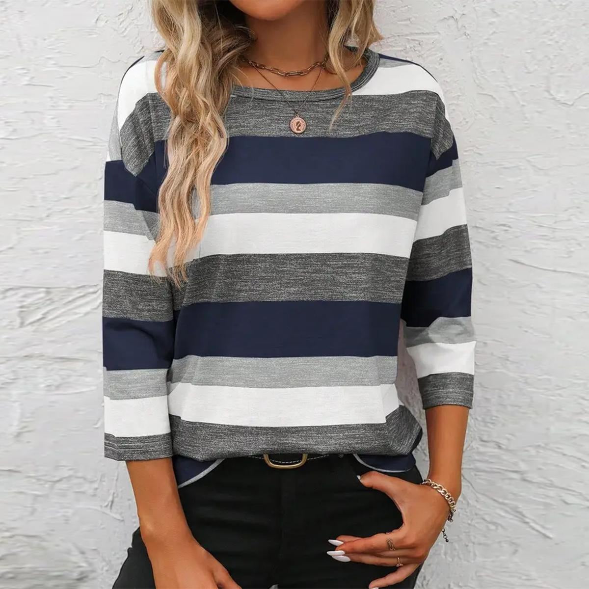 Classy Striped Print Round Neck 3/4 Sleeve Top