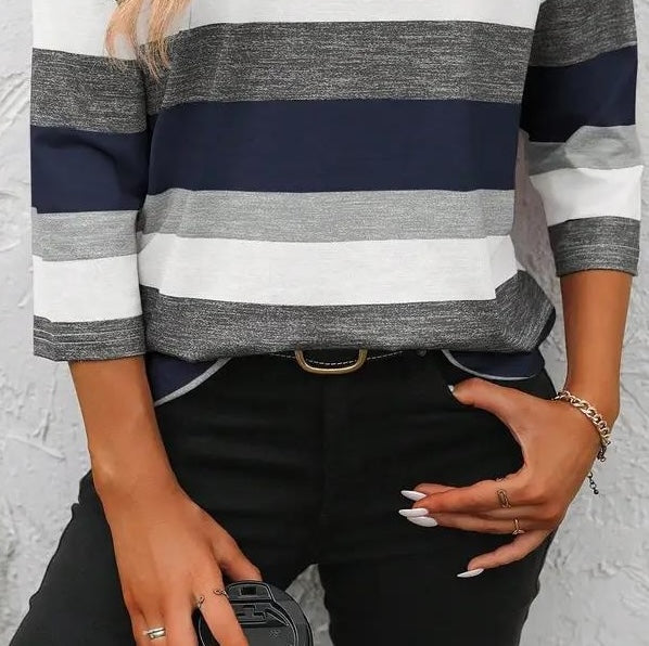 Classy Striped Print Round Neck 3/4 Sleeve Top