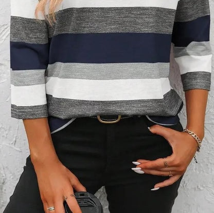 Classy Striped Print Round Neck 3/4 Sleeve Top