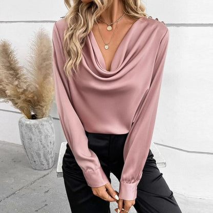 Pink Plain V-Neck Long Sleeve Top
