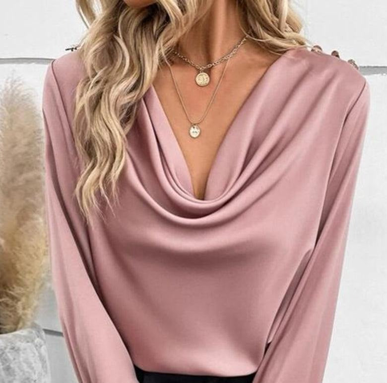 Pink Plain V-Neck Long Sleeve Top