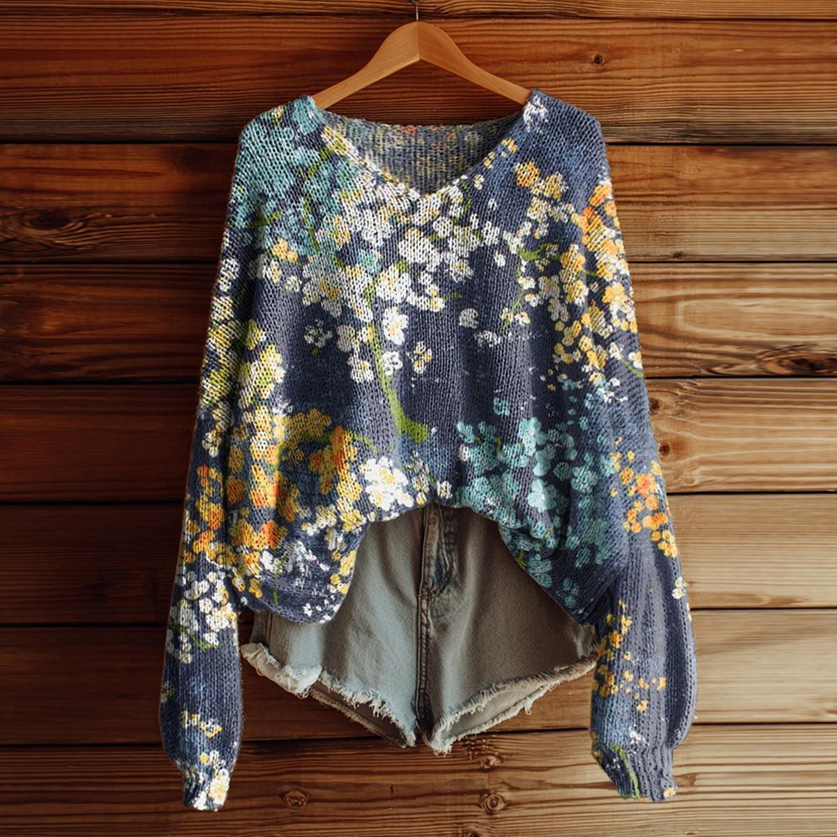 Special V-Neck Long Sleeve Floral Print Sweater
