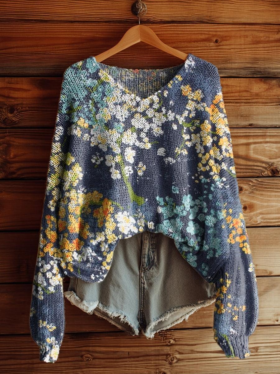 Special V-Neck Long Sleeve Floral Print Sweater
