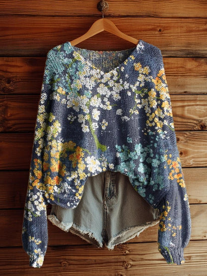 Special V-Neck Long Sleeve Floral Print Sweater