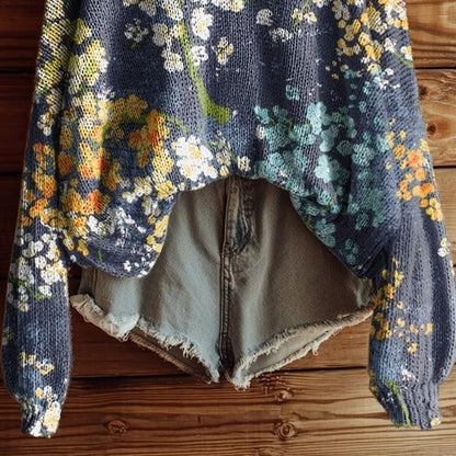 Special V-Neck Long Sleeve Floral Print Sweater