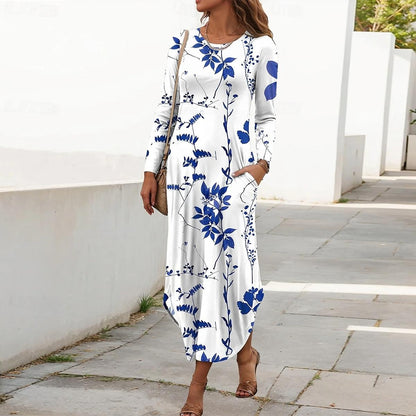 Dreamy Round Neck Long Sleeve Plant Print Maxi Dress