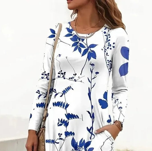 Dreamy Round Neck Long Sleeve Plant Print Maxi Dress
