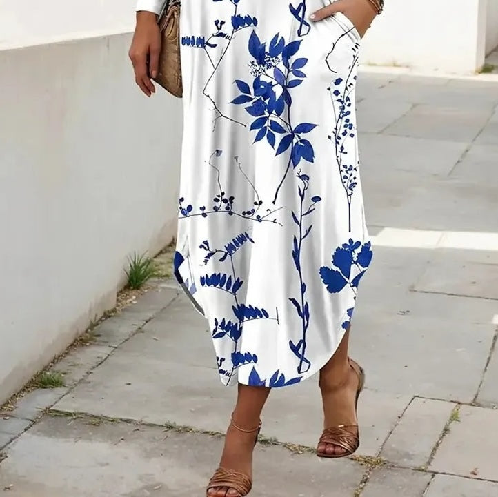 Dreamy Round Neck Long Sleeve Plant Print Maxi Dress