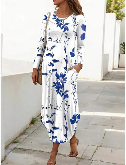 Dreamy Round Neck Long Sleeve Plant Print Maxi Dress
