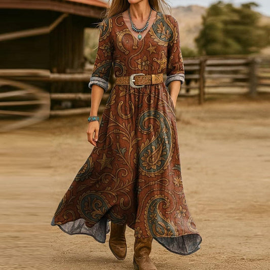 Vintage Side Pocket Long Sleeve Maxi Dress