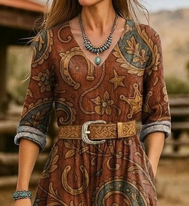 Vintage Side Pocket Long Sleeve Maxi Dress