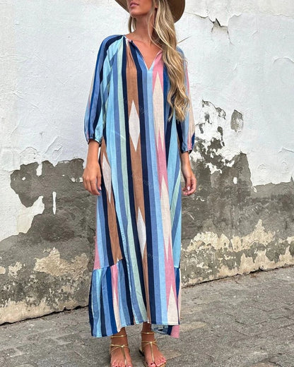 Vintage Striped Print Long Sleeve Maxi Dress