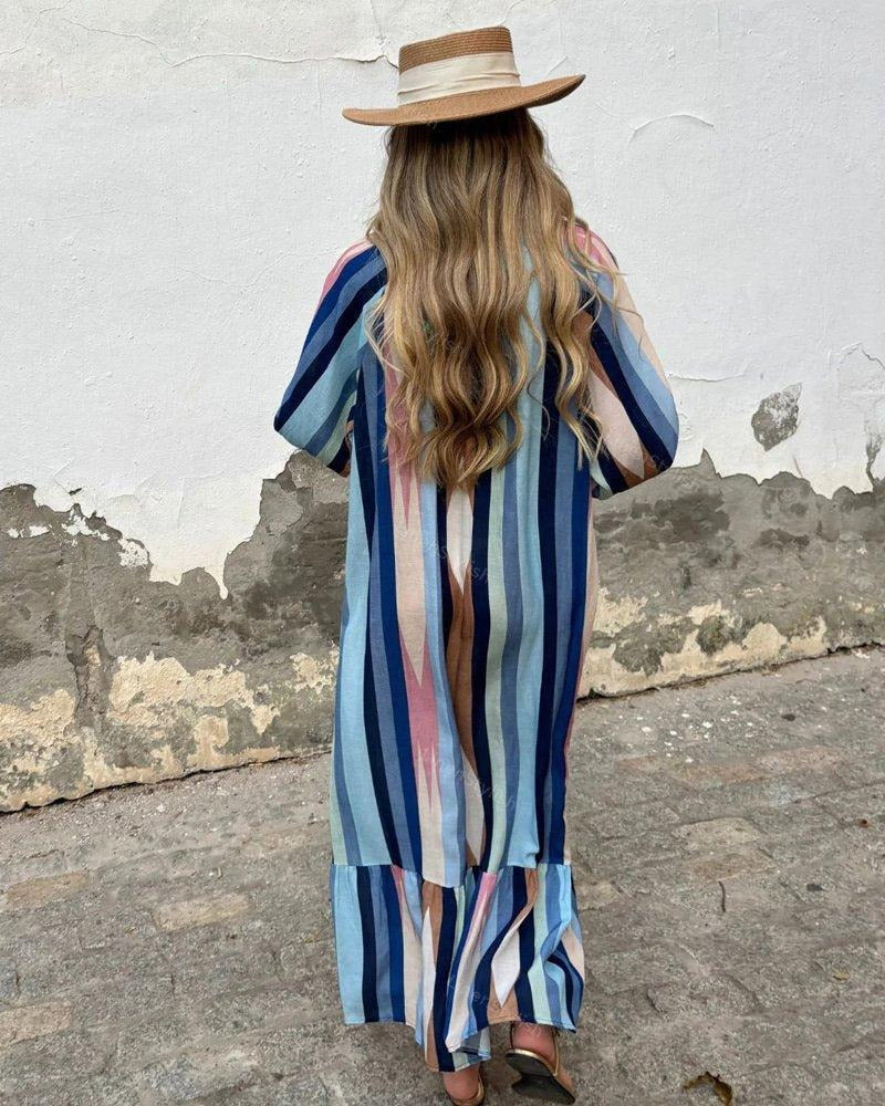 Vintage Striped Print Long Sleeve Maxi Dress