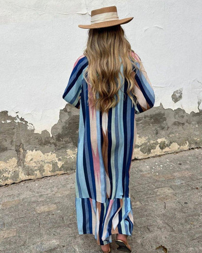 Vintage Striped Print Long Sleeve Maxi Dress