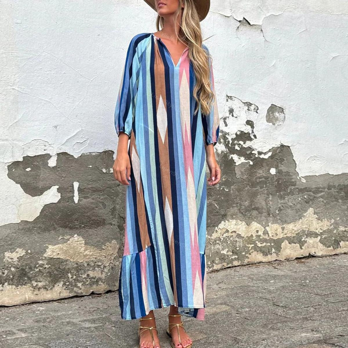 Vintage Striped Print Long Sleeve Maxi Dress