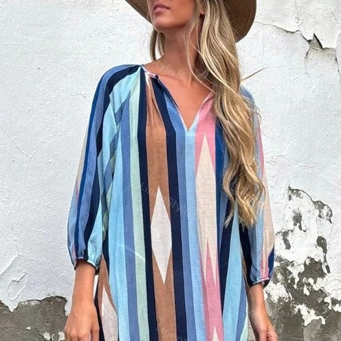 Vintage Striped Print Long Sleeve Maxi Dress