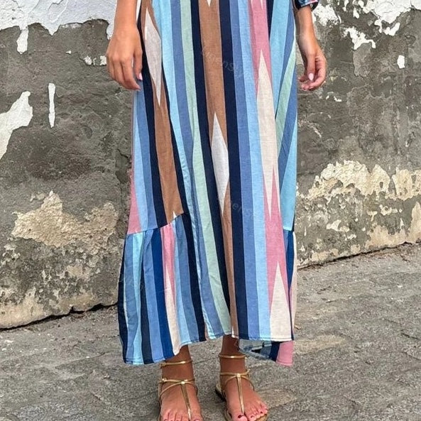 Vintage Striped Print Long Sleeve Maxi Dress