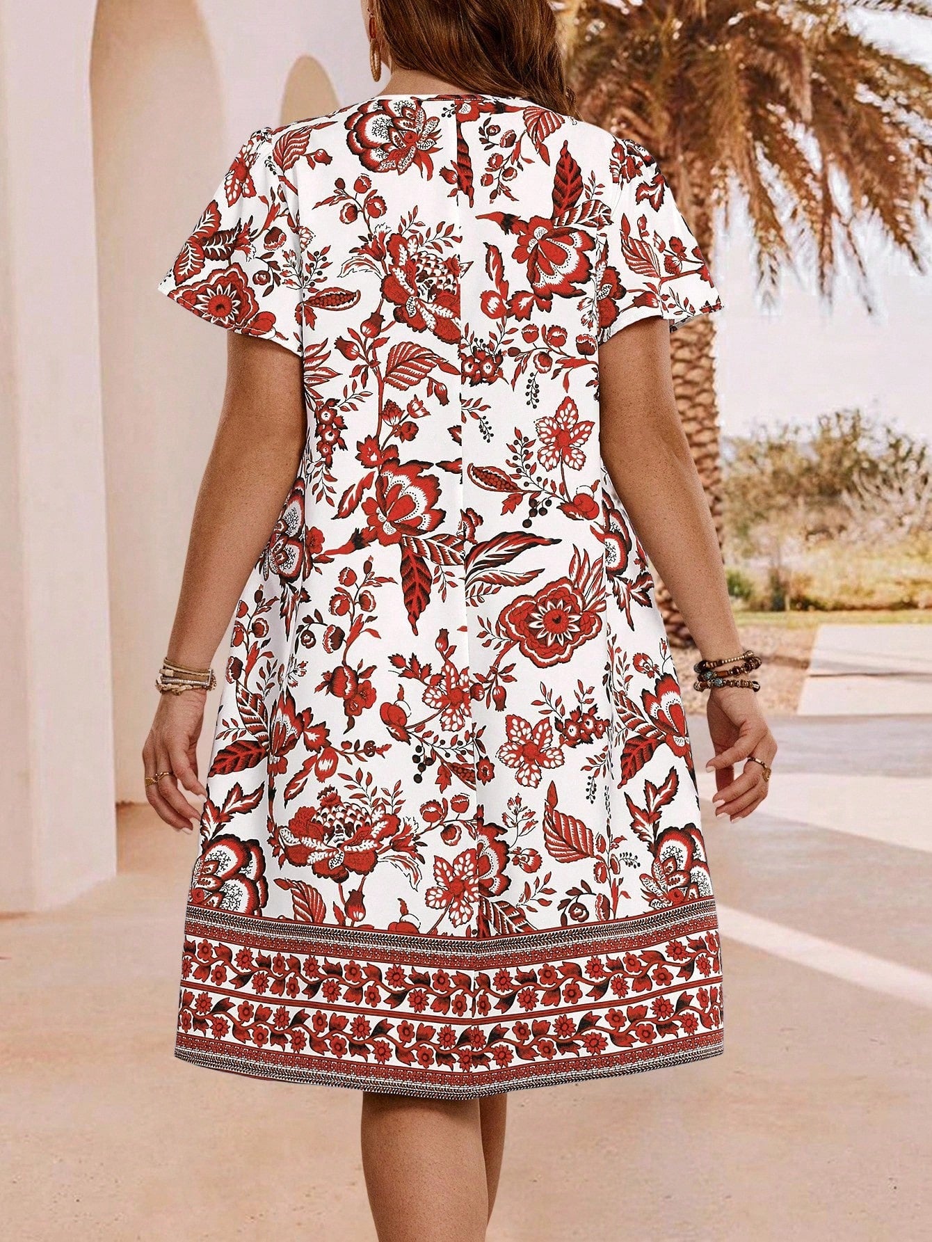 White And Red Floral Print V Neck Short Sleeve Midi Dress