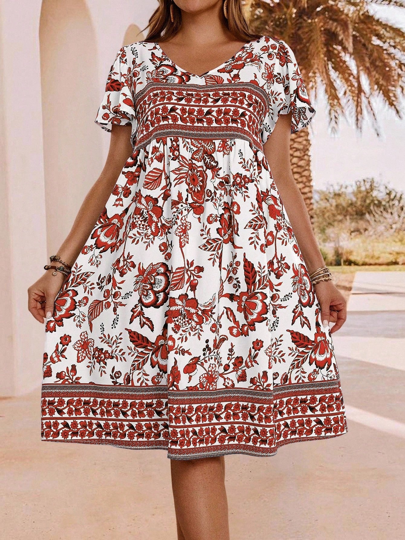 White And Red Floral Print V Neck Short Sleeve Midi Dress