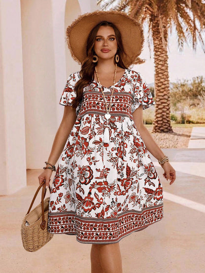 White And Red Floral Print V Neck Short Sleeve Midi Dress
