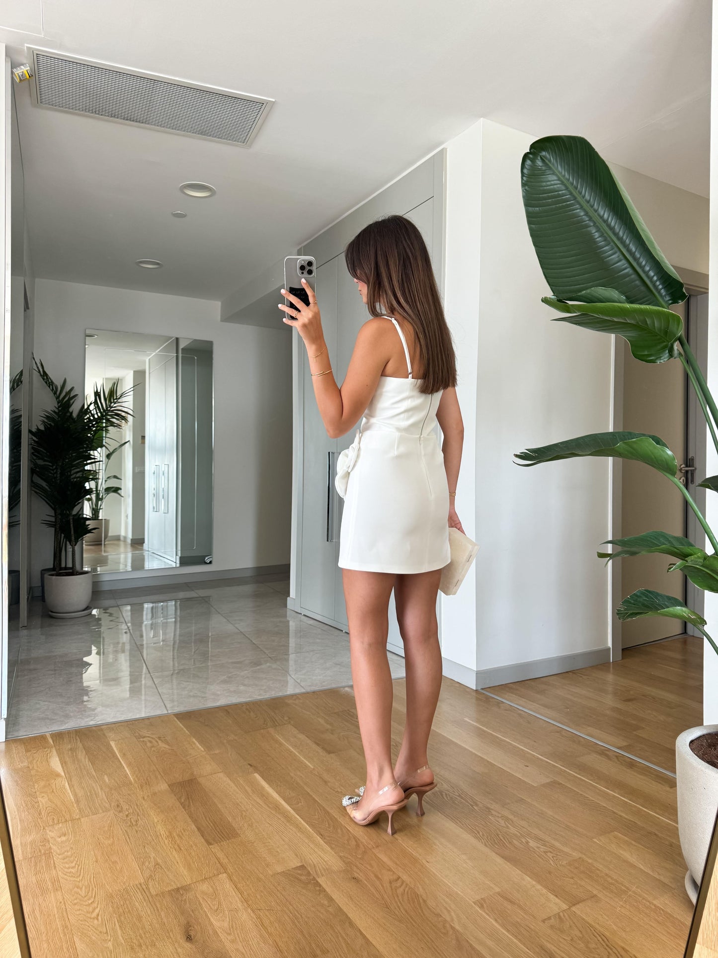 White Spaghetti Strap Mini Dress With 3D Flower Detail