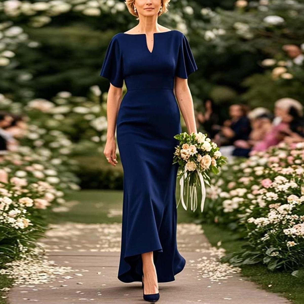 Navy Plain Short Sleeve Maxi Dress