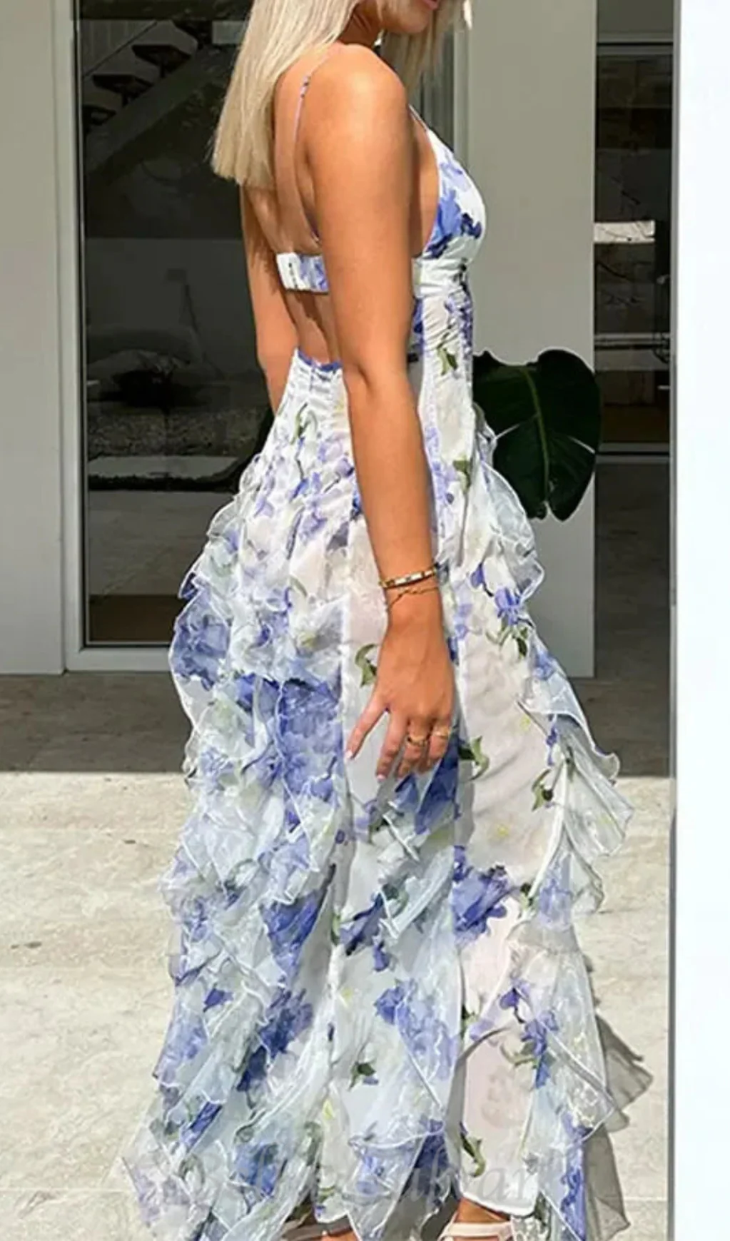 White And Blue Floral Print Spaghetti Strap Ruffled Maxi Dress