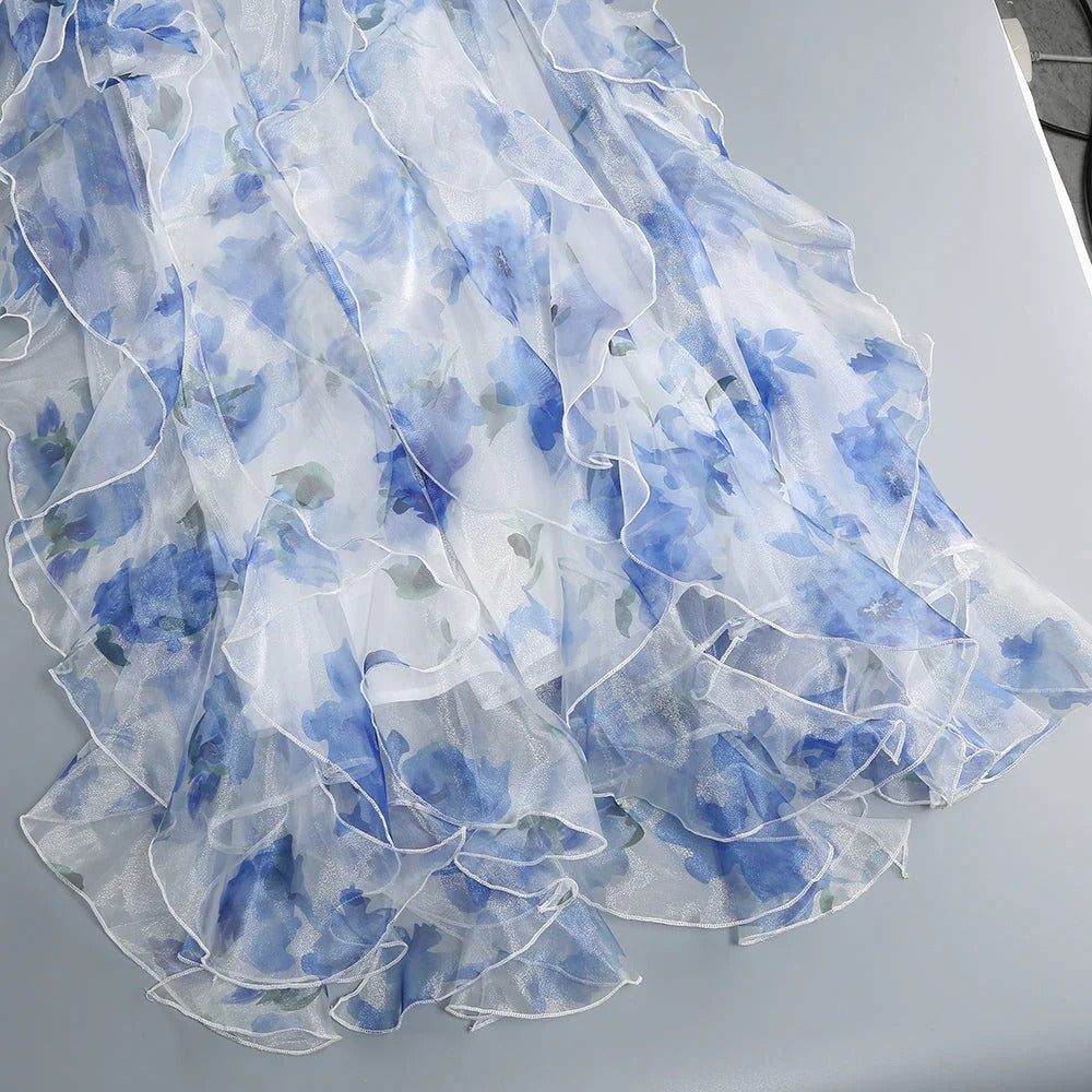 White And Blue Floral Print Spaghetti Strap Ruffled Maxi Dress