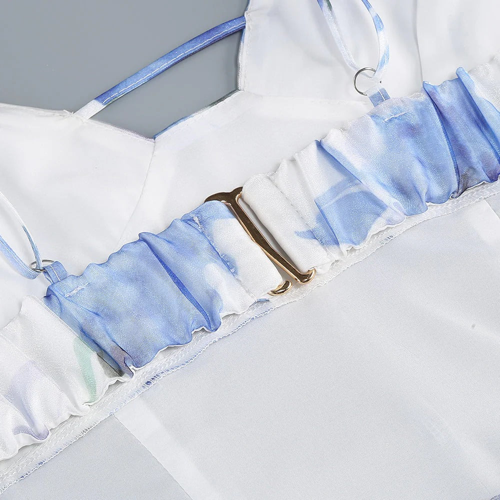 White And Blue Floral Print Spaghetti Strap Ruffled Maxi Dress