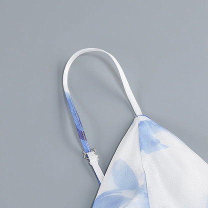 White And Blue Floral Print Spaghetti Strap Ruffled Maxi Dress